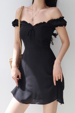 Vintage-Inspired Black Puff Sleeve One-Shoulder Dress for Women - Summer Bow Tie Waist-Cinched A-Line Short Skirt