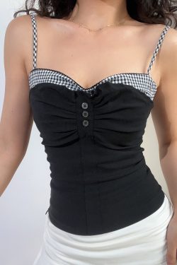 Vintage-Inspired Cute Girl Plaid Splicing Ruffled Button Elastic Slim Waist Camisole for Y2K Fashion