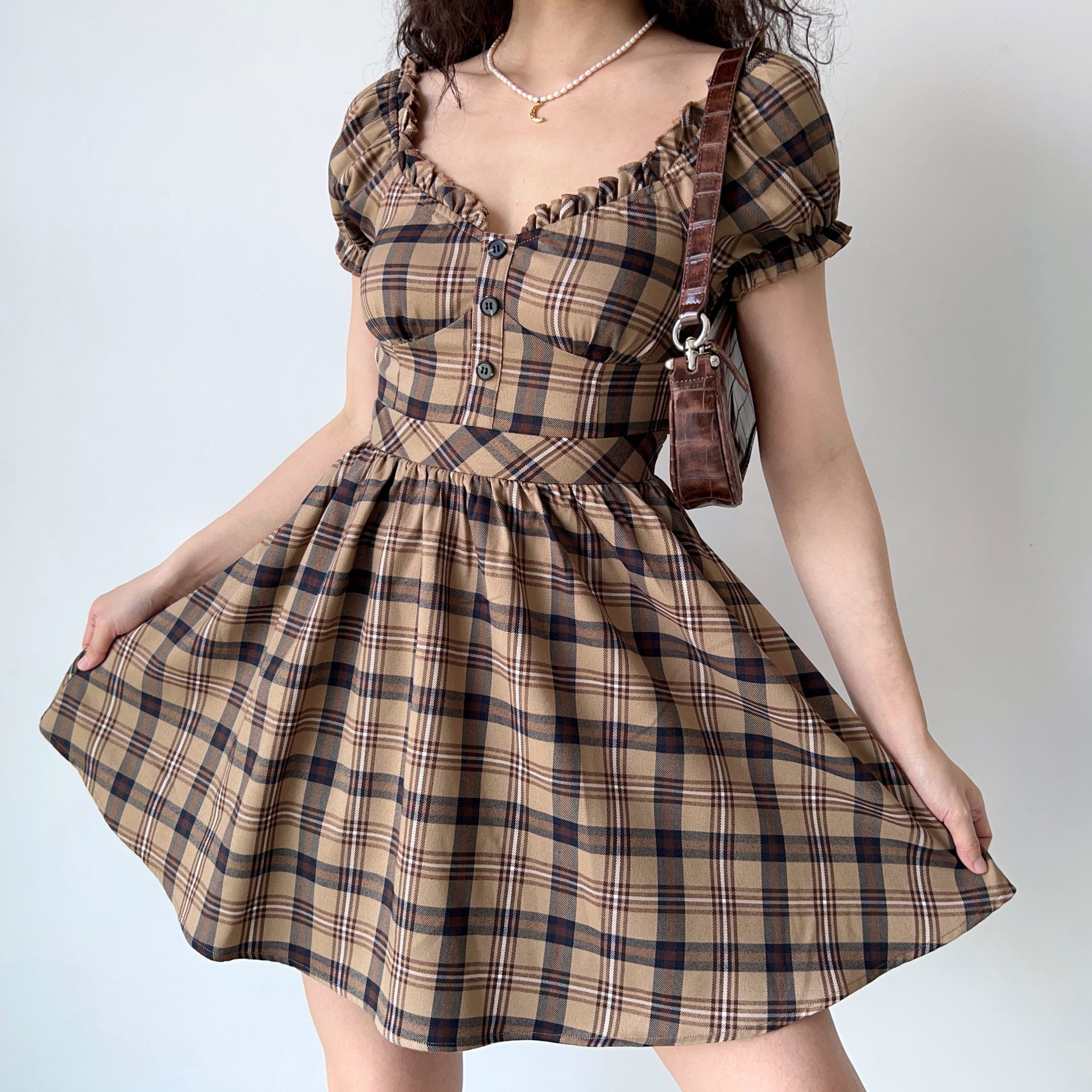 Vintage-Inspired Handmade Plaid V-Neck Puff Sleeve Dress for Women | A-Line Flare Skirt | Chic 90s French Style Vintage-Inspired Handmade Plaid V-Neck Puff Sleeve Dress for Women | A-Line Flare Skirt | Chic 90s French Style