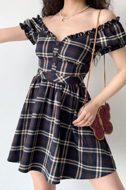 Vintage-Inspired Handmade Plaid V-Neck Puff Sleeve Dress for Women | A-Line Flare Skirt | Chic 90s French Style