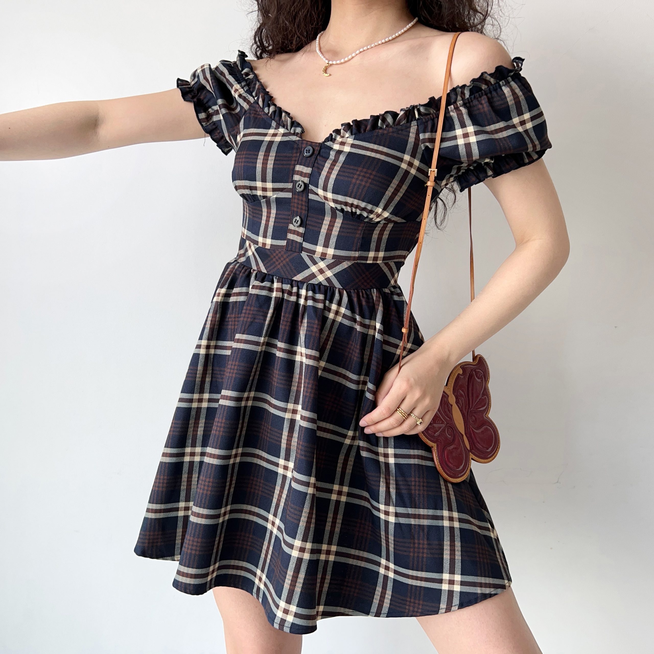 Vintage-Inspired Handmade Plaid V-Neck Puff Sleeve Dress for Women | A-Line Flare Skirt | Chic 90s French Style Vintage-Inspired Handmade Plaid V-Neck Puff Sleeve Dress for Women | A-Line Flare Skirt | Chic 90s French Style