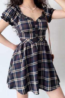 Vintage-Inspired Handmade Plaid V-Neck Puff Sleeve Dress for Women | A-Line Flare Skirt | Chic 90s French Style