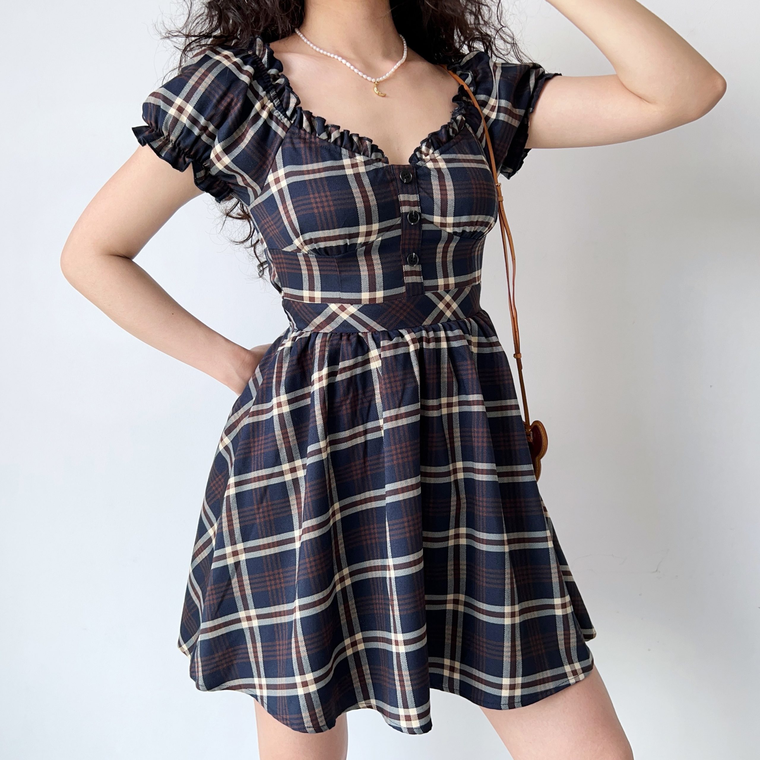 Vintage-Inspired Handmade Plaid V-Neck Puff Sleeve Dress for Women | A-Line Flare Skirt | Chic 90s French Style Vintage-Inspired Handmade Plaid V-Neck Puff Sleeve Dress for Women | A-Line Flare Skirt | Chic 90s French Style