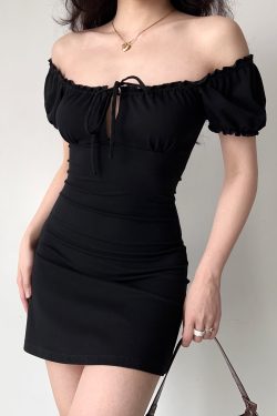 Vintage-Inspired Hollow Lace-Up Puff Sleeve Black A-Line Dress for Women - Short Skirt, Perfect for Y2K and 90s Styles