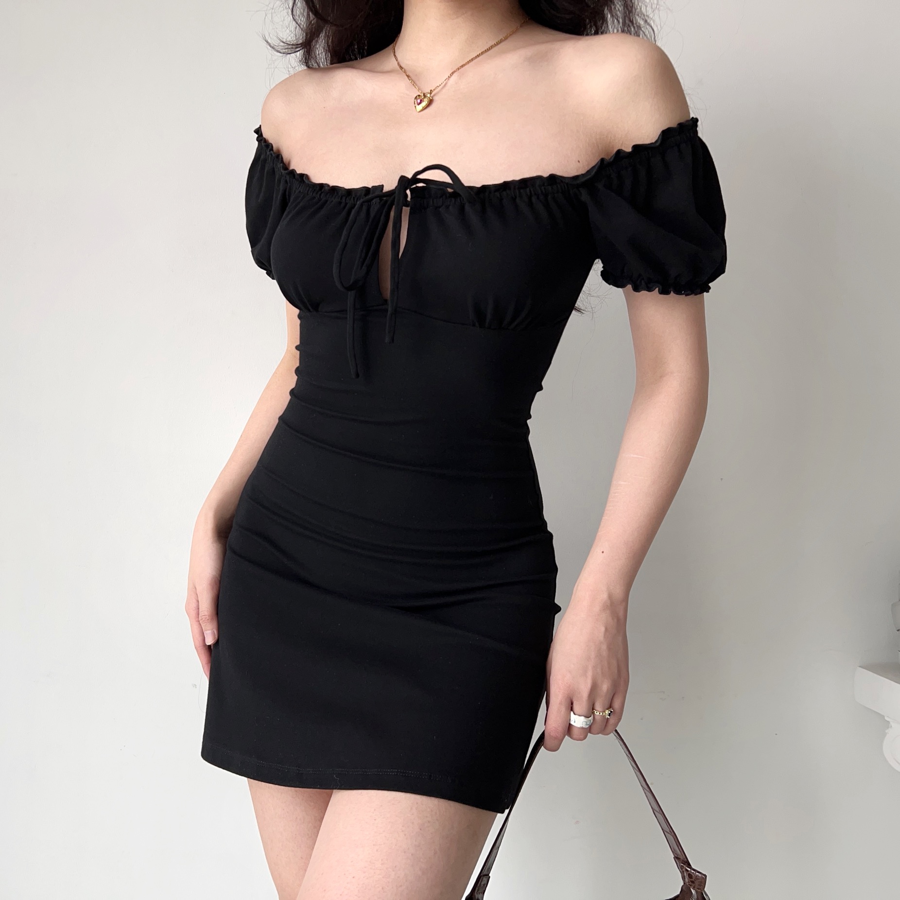 Vintage-Inspired Hollow Lace-Up Puff Sleeve Black A-Line Dress for Women - Short Skirt, Perfect for Y2K and 90s Styles Vintage-Inspired Hollow Lace-Up Puff Sleeve Black A-Line Dress for Women - Short Skirt, Perfect for Y2K and 90s Styles