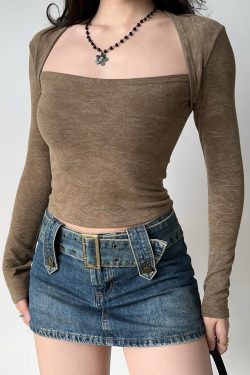 Vintage-Inspired Square Neck Long Sleeve T-Shirt for Women - Slim Fit American Style Base Layer Top
