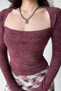 Vintage-Inspired Square Neck Long Sleeve T-Shirt for Women - Slim Fit American Style Base Layer Top