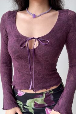 Vintage Jacquard Lace-Up Long Sleeve U-Neck Top for Women - Slim Fit American Style T-Shirt, Perfect for 90s and Y2K Fashion Lovers