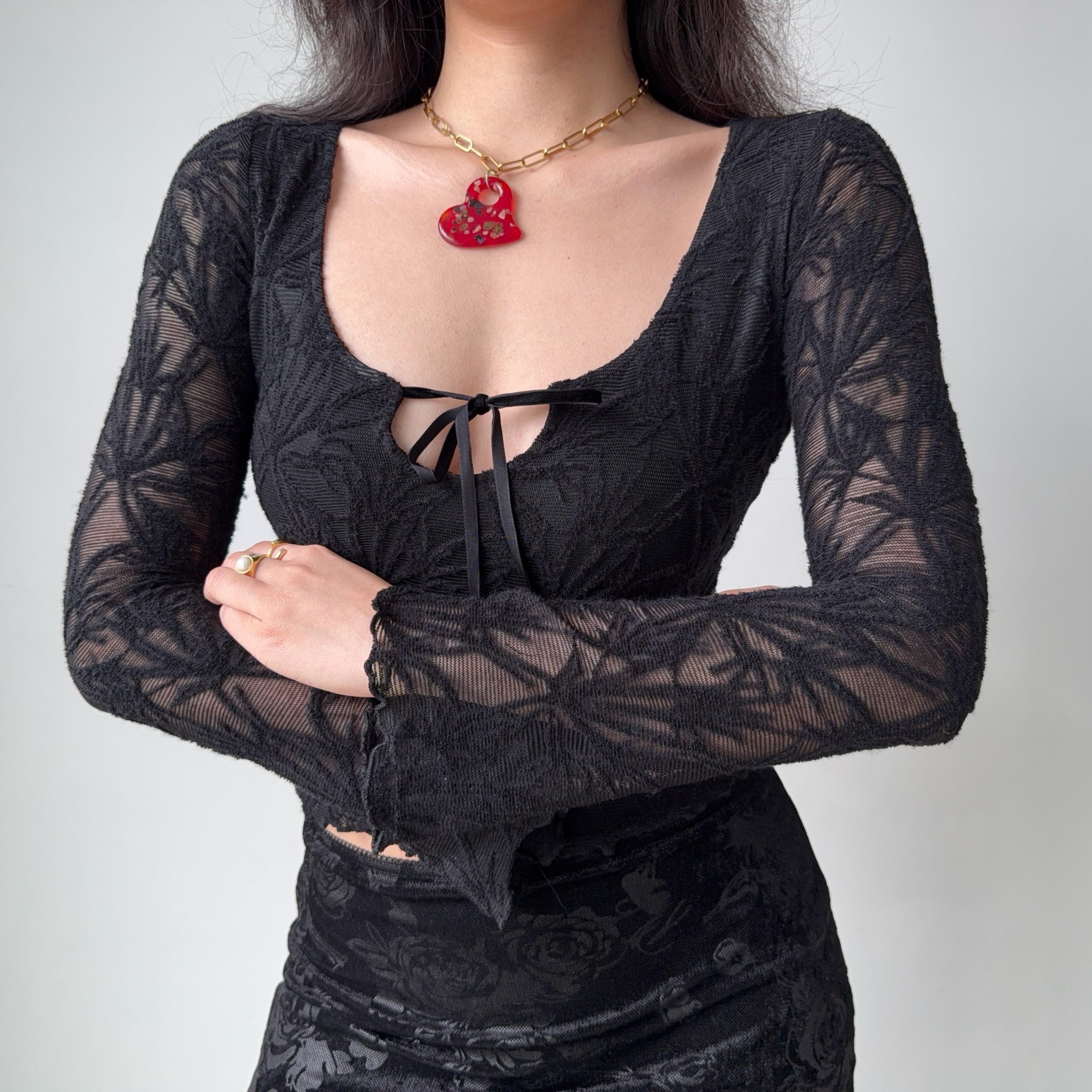 Vintage Jacquard Lace-Up Long Sleeve U-Neck Top for Women - Slim Fit American Style T-Shirt, Perfect for 90s and Y2K Fashion Lovers Vintage Jacquard Lace-Up Long Sleeve U-Neck Top for Women - Slim Fit American Style T-Shirt, Perfect for 90s and Y2K Fashion Lovers