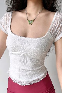 Vintage Lace Trim Square Neck Short Sleeve T-shirt for Women - Slim Fit, European & American Style, Y2K Inspired Short Top