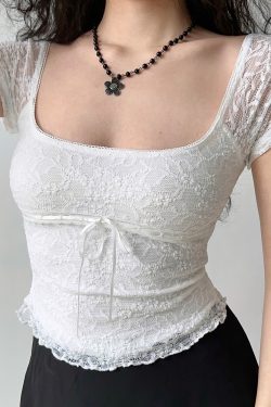 Vintage Lace Trim Square Neck Short Sleeve T-shirt for Women - Slim Fit, European & American Style, Y2K Inspired Short Top