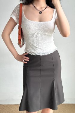 Vintage Lace Trim Square Neck Short Sleeve T-shirt for Women - Slim Fit, European & American Style, Y2K Inspired Short Top