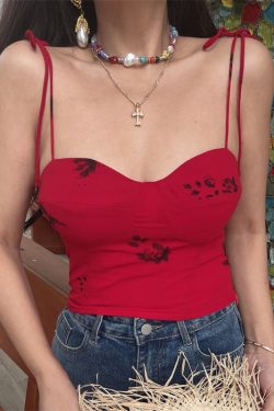 Vintage Lace-Up Bow Red Camisole Top for Women - Handmade French Style, 2025 Spring/Summer Vacation Essential
