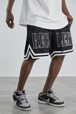 Vintage Loose Fitness Basketball Shorts with Large Logo Print - Street Style, Athletic Wear for Men - Trendy Urban Fashion