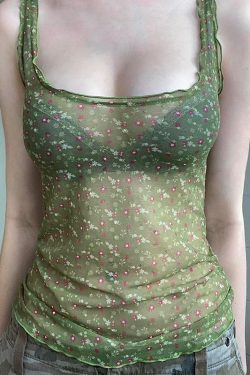 Vintage Mesh Floral Layered Slim Fit Spaghetti Strap Tank Top - Sexy Slimming Design for Y2K and 90s-Inspired Looks