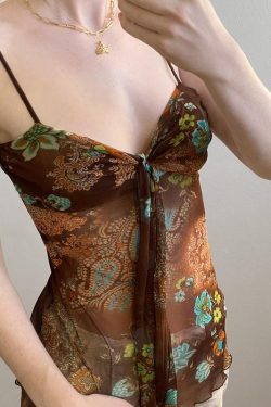 Vintage Niche Printed Sheer Fitted Camisole with Strap Design for Women - Perfect for Outerwear and 90s Y2K Style