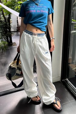 Vintage Plaid Wide-Leg Casual Pants for Summer - Unisex Loose Fit, Quick-Dry, Belted American Style Sportswear