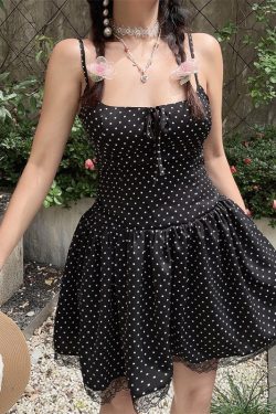 Vintage Polka Dot Lace Trim Mini Slip Dress - Handmade French Square Neck Drawstring for 2025 Spring/Summer Vacation Style