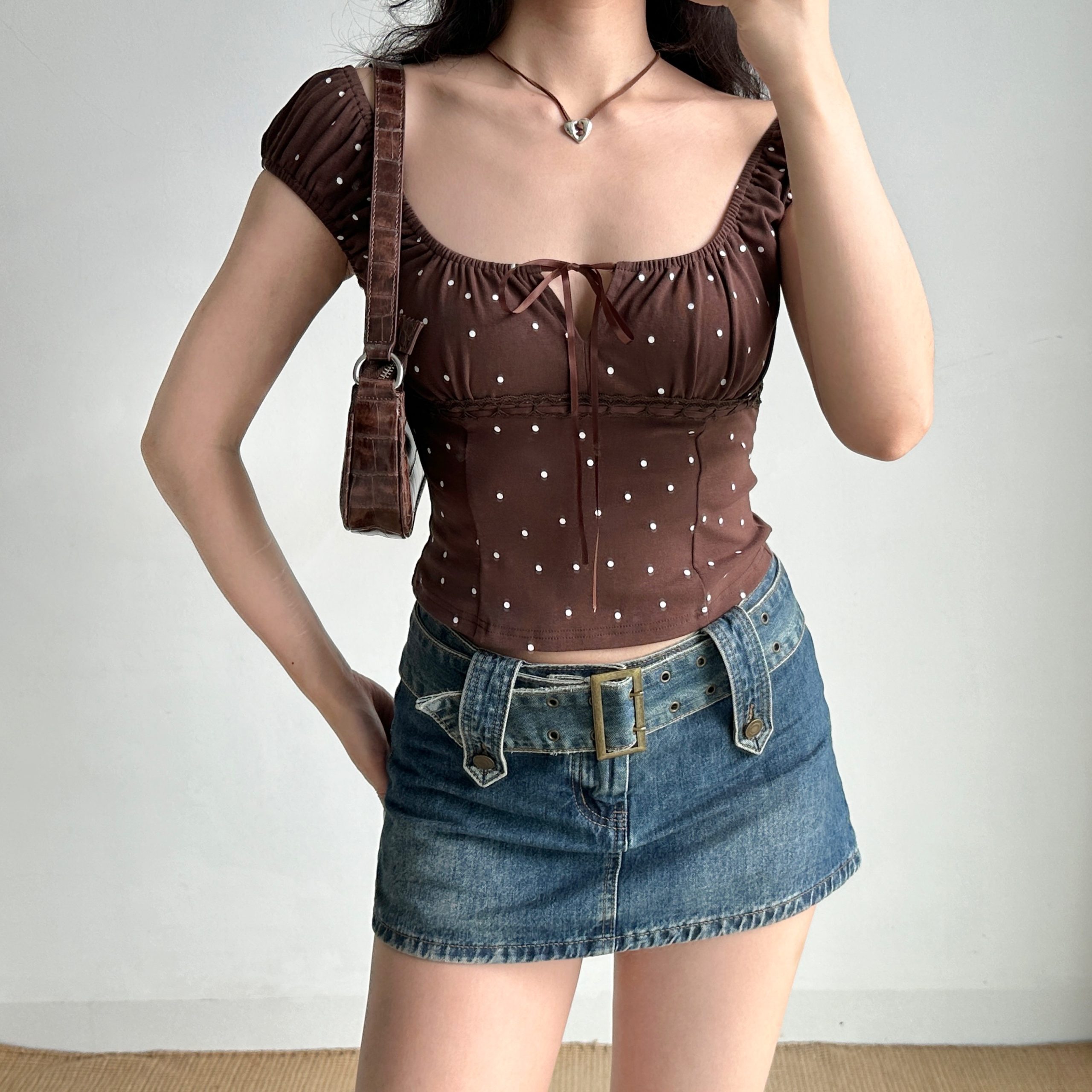 Vintage Polka Dot Lace-Up Square Neck Puff Sleeve T-Shirt for Women - Slim Fit Summer Hot Girl Style Vintage Polka Dot Lace-Up Square Neck Puff Sleeve T-Shirt for Women - Slim Fit Summer Hot Girl Style