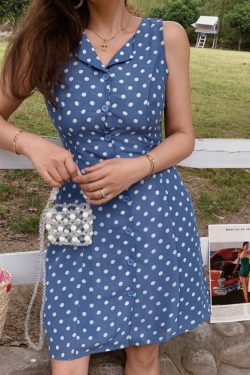 Vintage Polka Dot Sleeveless Vest Dress for Women - French Style, Small Lapel, Waist-Defined, 2022 Spring/Summer, Hong Kong Fashion