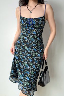 Vintage Print Cami Dress - Mid-Length Vacation Dress for Women - Retro Style Summer Dress - Ideal for Travel and Casual Outings