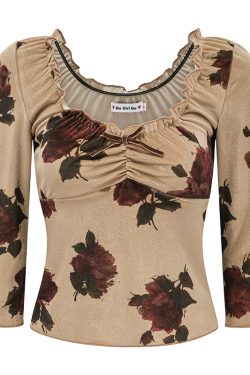 Vintage Print Velvet Ruffled T-shirt for Women - Sexy Low-Cut, Three-Quarter Sleeve, Autumn Winter Fashion Top