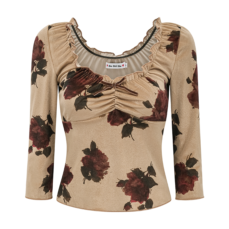 Vintage Print Velvet Ruffled T-shirt for Women - Sexy Low-Cut, Three-Quarter Sleeve, Autumn Winter Fashion Top Vintage Print Velvet Ruffled T-shirt for Women - Sexy Low-Cut, Three-Quarter Sleeve, Autumn Winter Fashion Top