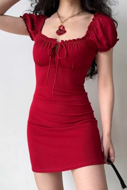 Vintage Red Square Neck Tie Dress with Puff Sleeves - Slim Fit Bodycon Mini Skirt for a Chic Y2K Look