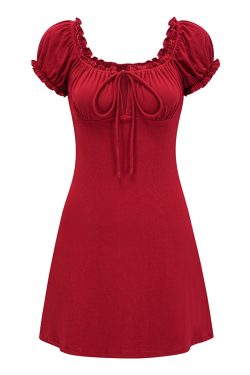 Vintage Red Square Neck Tie Dress with Puff Sleeves - Slim Fit Bodycon Mini Skirt for a Chic Y2K Look