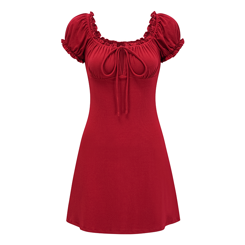 Vintage Red Square Neck Tie Dress with Puff Sleeves - Slim Fit Bodycon Mini Skirt for a Chic Y2K Look Vintage Red Square Neck Tie Dress with Puff Sleeves - Slim Fit Bodycon Mini Skirt for a Chic Y2K Look