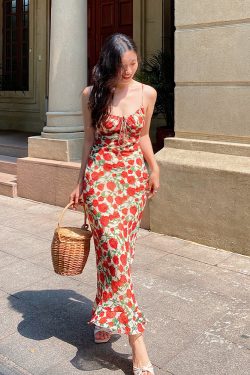 Vintage Rose Floral Print Spaghetti Strap Dress - Backless Mermaid Style, Perfect for Summer & Y2K Fashion Lovers
