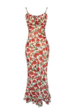 Vintage Rose Floral Print Spaghetti Strap Dress - Backless Mermaid Style, Perfect for Summer & Y2K Fashion Lovers