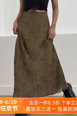 Vintage Rose Print Mesh Midi Skirt for Women, Wabi-Sabi Style, Low Waist, Draped, Retro Aesthetic, Hip-Covering, Long Straight Design