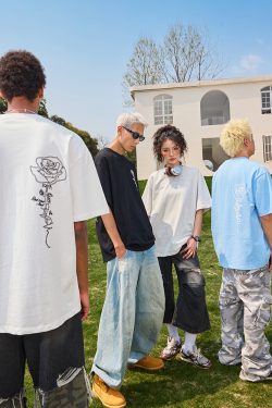 Vintage Rose Print Short Sleeve T-Shirt for Couples - Unisex American Streetwear Loose Fit 2025 Y2K Style