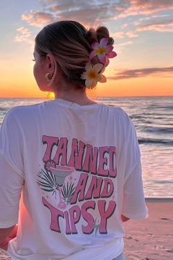 Vintage Seaside Vacation Style Printed Cotton Short Sleeve T-Shirt for Women - Oversized Trendy European American Fashion