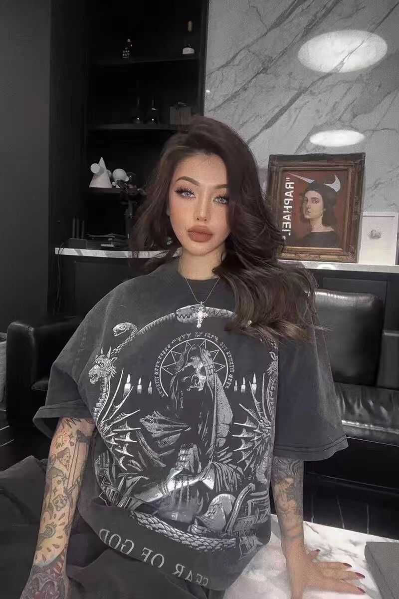 Vintage Skull Print Washed Distressed Short Sleeve T-Shirt for Couples - Trendy American Street Style