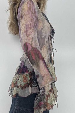 Vintage Star-Style Lace-Up Mesh Top - Elegant Slim-Fit Long Sleeve Chiffon Shirt for Y2K and 90s Inspired Fashion