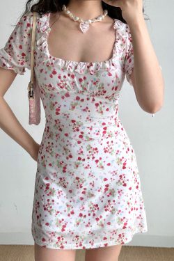Vintage Strawberry Floral Square Neck Short Sleeve Dress for Women - Handmade with Puff Sleeves and Slim Fit - 90s Inspired Fashion