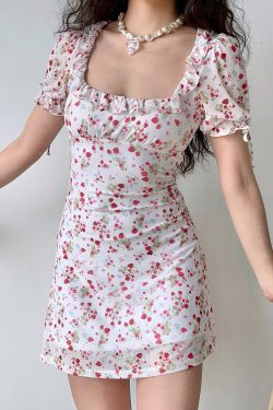 Vintage Strawberry Floral Square Neck Short Sleeve Dress for Women - Handmade with Puff Sleeves and Slim Fit - 90s Inspired Fashion