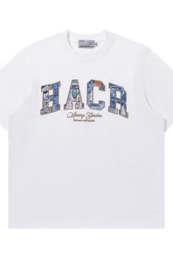 Vintage Turquoise Denim Patch Embroidered Loose Short-Sleeve T-Shirt – 90s Inspired American Style Fashion Top