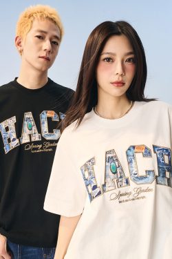 Vintage Turquoise Denim Patch Embroidered Loose Short-Sleeve T-Shirt – 90s Inspired American Style Fashion Top