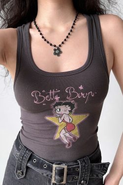 Vintage U-Neck Printed Tank Top for Women - Slim Fit Sleeveless Tee in American Style - Perfect for 90s and Y2K Fashion