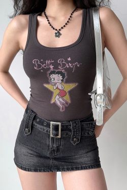 Vintage U-Neck Printed Tank Top for Women - Slim Fit Sleeveless Tee in American Style - Perfect for 90s and Y2K Fashion