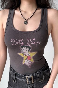 Vintage U-Neck Printed Tank Top for Women - Slim Fit Sleeveless Tee in American Style - Perfect for 90s and Y2K Fashion