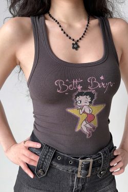 Vintage U-Neck Printed Tank Top for Women - Slim Fit Sleeveless Tee in American Style - Perfect for 90s and Y2K Fashion