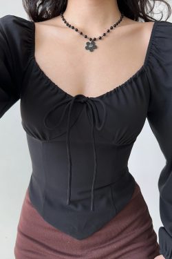 Vintage Waist-Cinching Lantern Sleeve Long Sleeve Shirt for Women - Slim Fit Flattering Top for Spicy Girls, Y2K Inspired Fashion