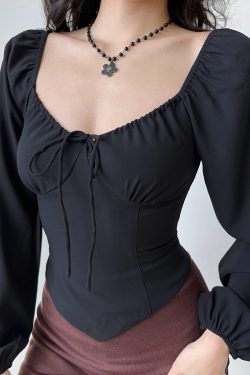 Vintage Waist-Cinching Lantern Sleeve Long Sleeve Shirt for Women - Slim Fit Flattering Top for Spicy Girls, Y2K Inspired Fashion