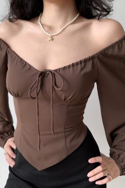 Vintage Waist-Cinching Lantern Sleeve Long Sleeve Shirt for Women - Slim Fit Flattering Top for Spicy Girls, Y2K Inspired Fashion