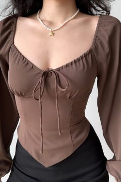 Vintage Waist-Cinching Lantern Sleeve Long Sleeve Shirt for Women - Slim Fit Flattering Top for Spicy Girls, Y2K Inspired Fashion