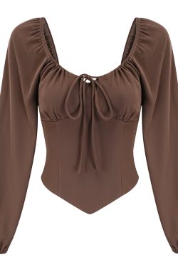 Vintage Waist-Cinching Lantern Sleeve Long Sleeve Shirt for Women - Slim Fit Flattering Top for Spicy Girls, Y2K Inspired Fashion